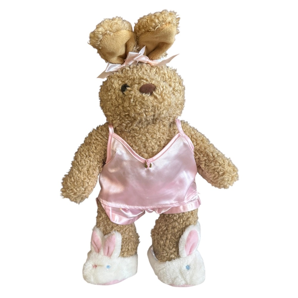 Build-A-Bear Plush Tan‎ Curly Bunny Rabbit Pink Pajamas Slippers Stuffed Animal